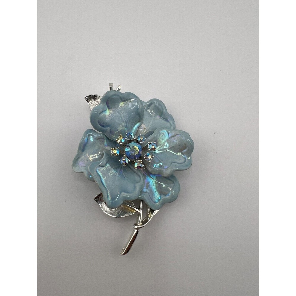 Vintage Women's Jewelry Rhinestone Blue Coro Enamel Iridescent Flower Brooch Pin